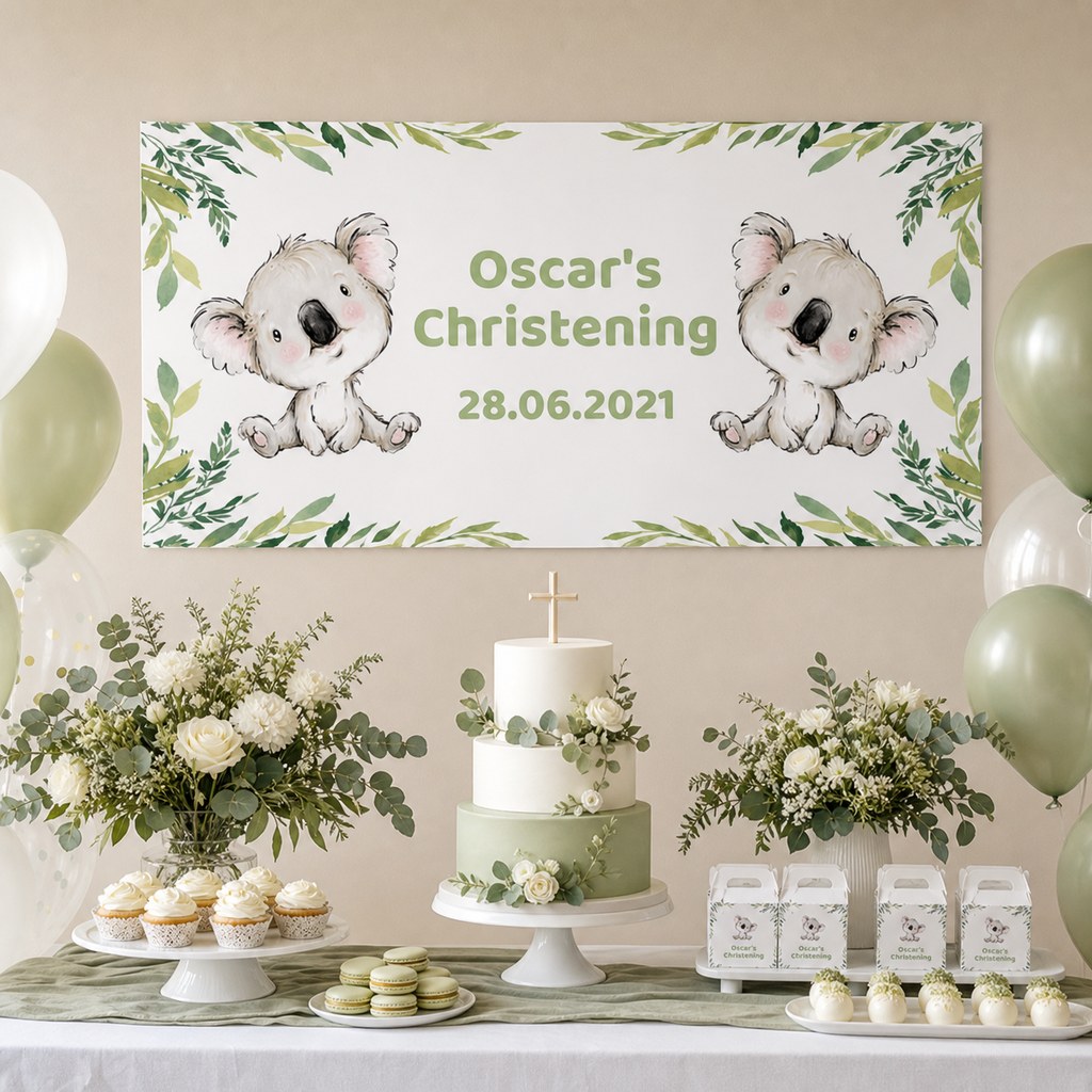 Koala Bear Christening & Baptism Decorations with a personalised banner, coordinated cake and eucalyptus party-table styling.
