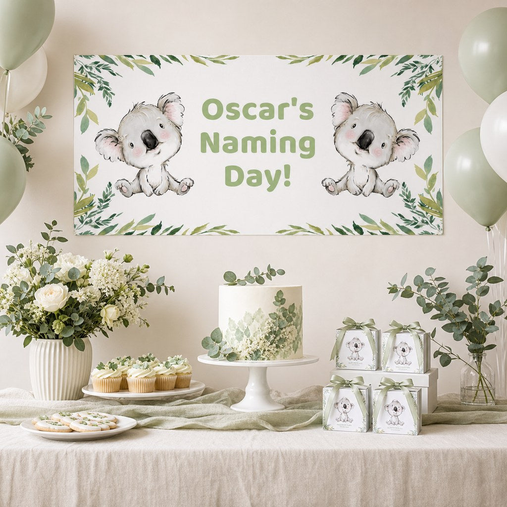 Koala Bear Naming Day Decorations with a personalised banner, coordinated cake and eucalyptus party-table styling.