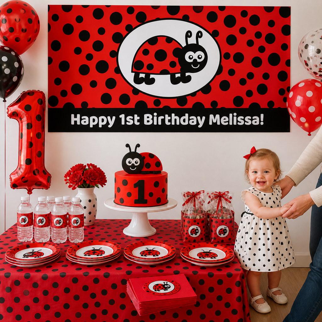 Personalised ladybug first birthday decorations with Melissa's red spotted banner and matching cake