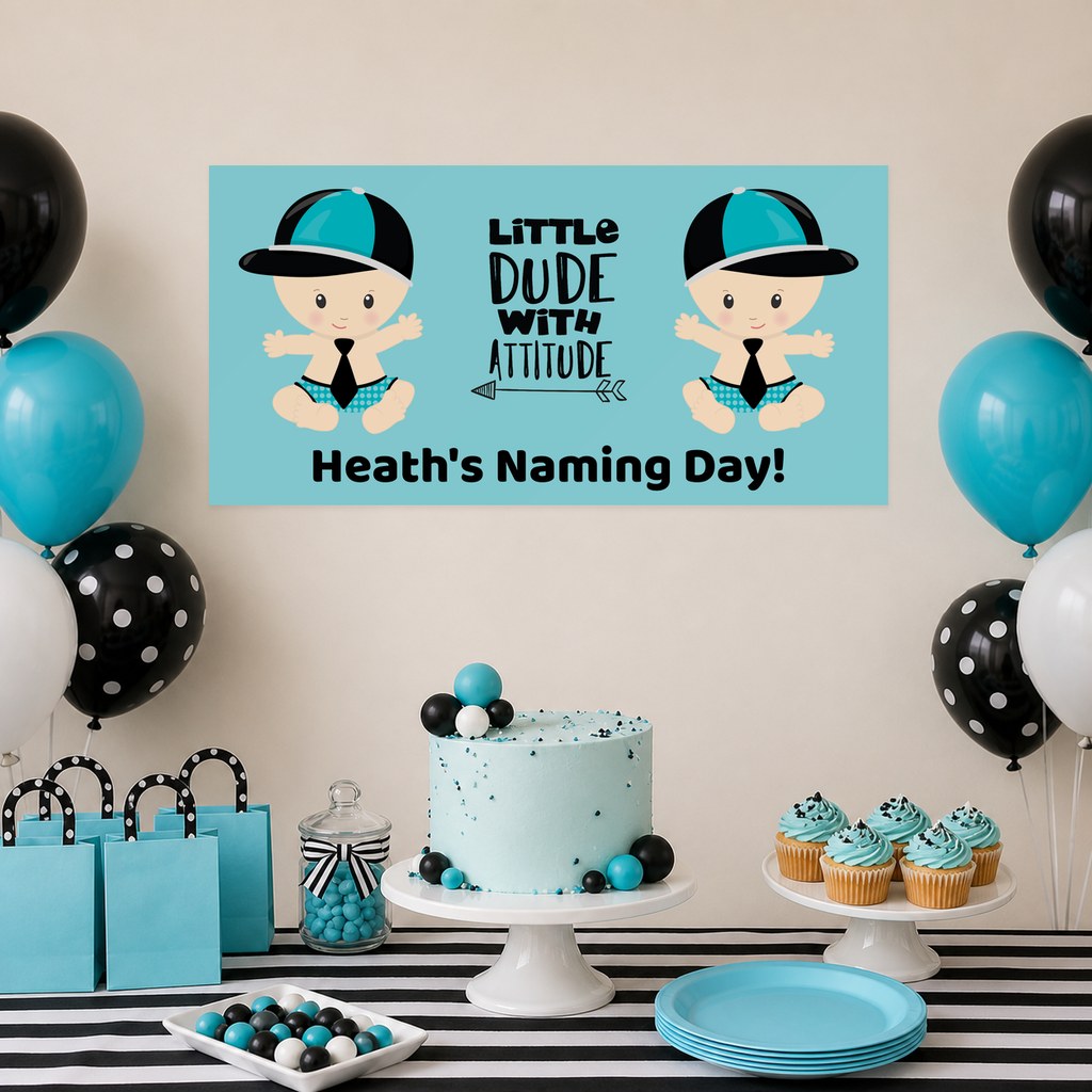 Little Dude with Attitude Naming Day Decorations with a personalised banner, coordinated cake, gifts and turquoise, black and white styling.