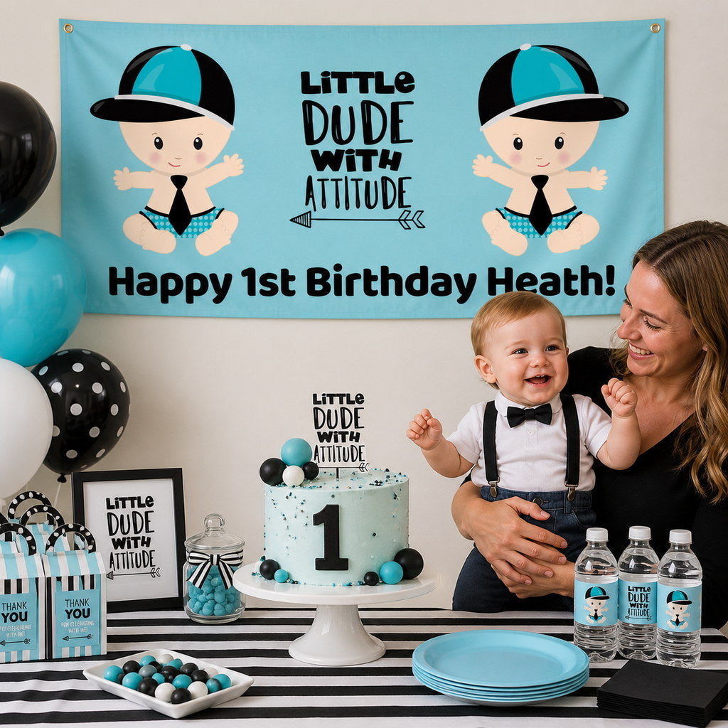 Personalised Little Dude with Attitude first birthday decorations with Heath's banner and matching cake