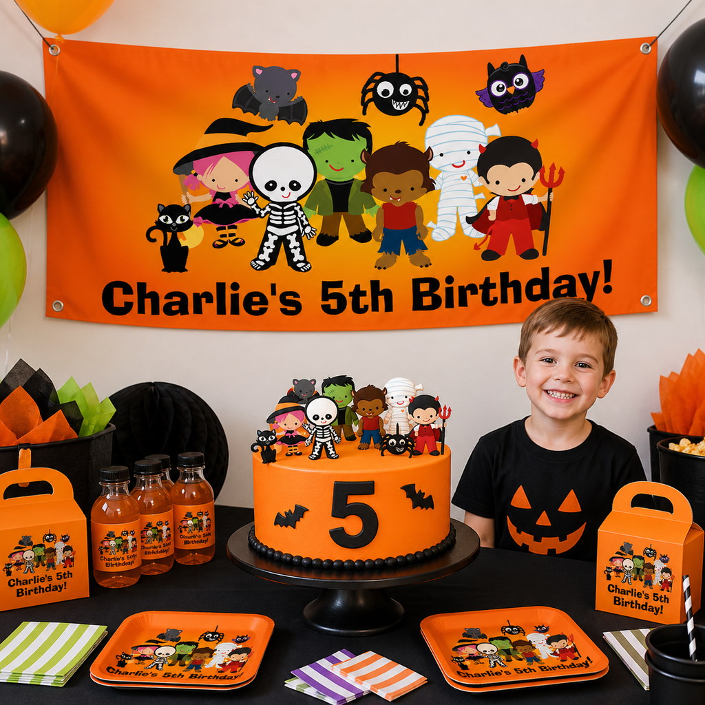 Personalised Little Halloween Monsters decorations with Charlie's 5th birthday banner and matching cake