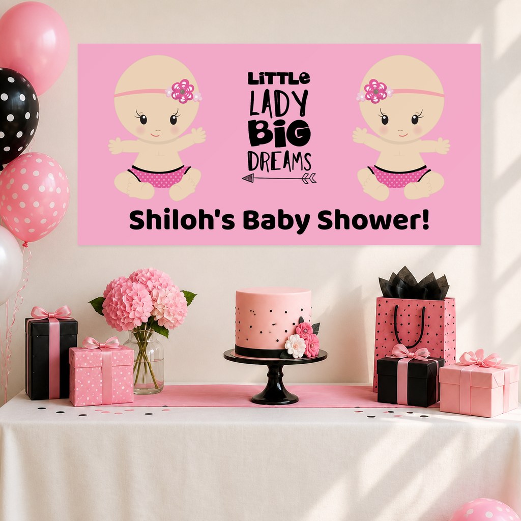 Little Lady Big Dreams Baby Shower Decorations with a personalised banner, coordinated cake, gifts and pink, black and white styling.