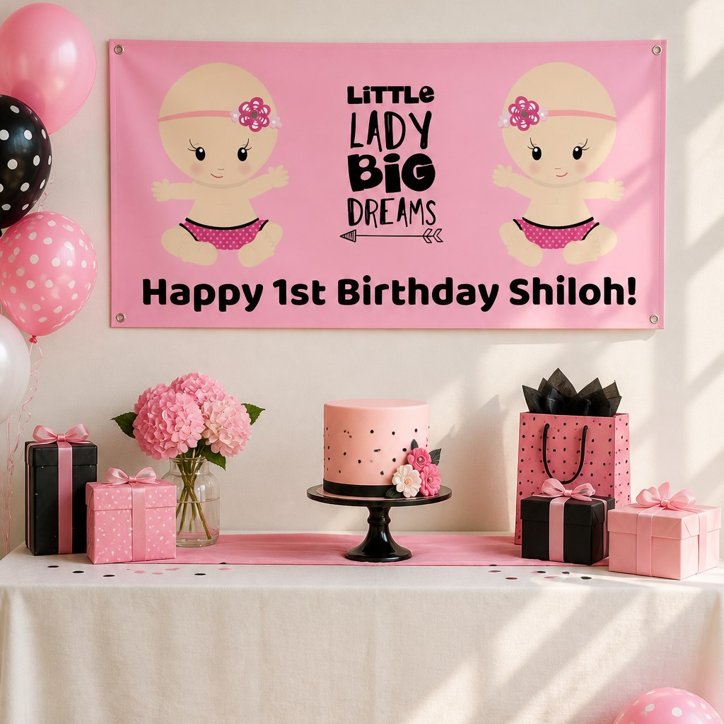 Little Lady Big Dreams first birthday setup with Shiloh's personalised pink and black banner and matching cake