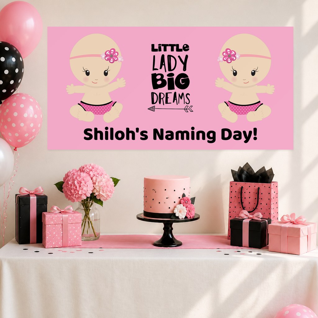 Little Lady Big Dreams Naming Day Decorations with a personalised banner, coordinated cake, gifts and pink, black and white styling.