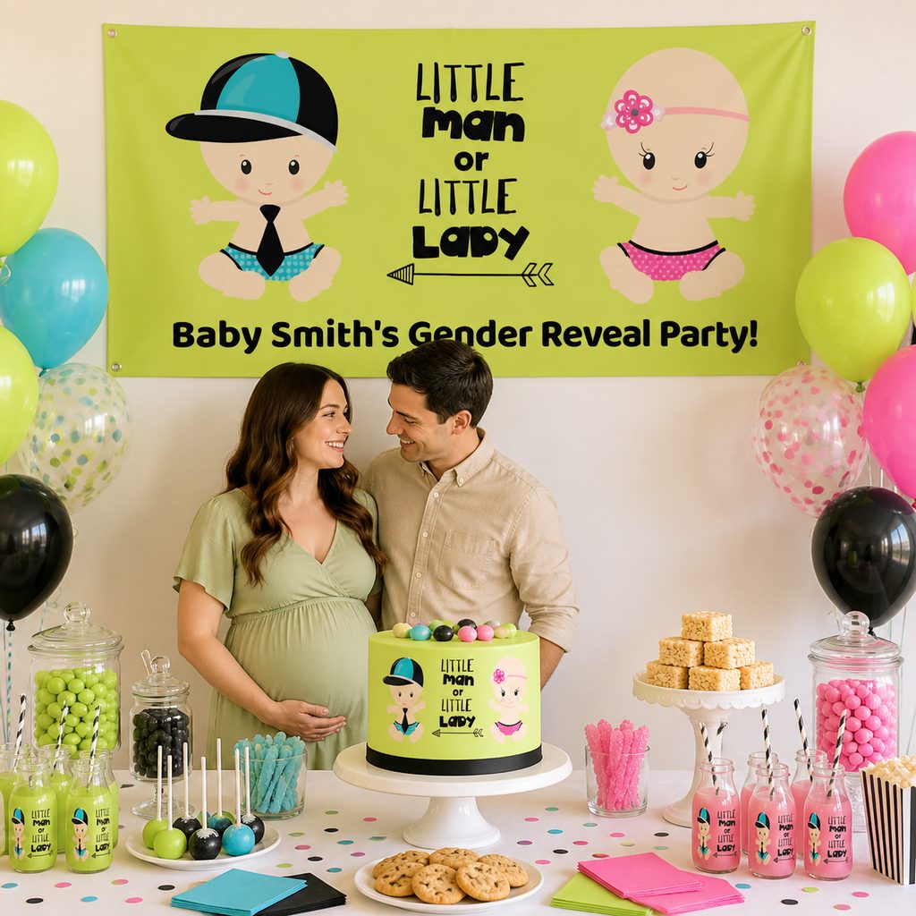 Personalised Little Man or Little Lady gender reveal decorations with lime green banner matching cake and party table