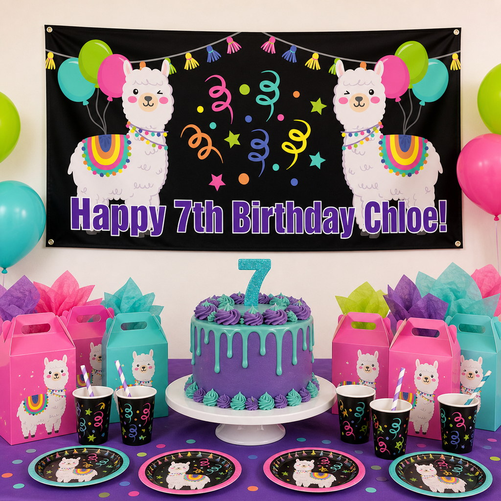 Personalised Llama 7th birthday decorations with Chloe's colourful black banner and matching cake