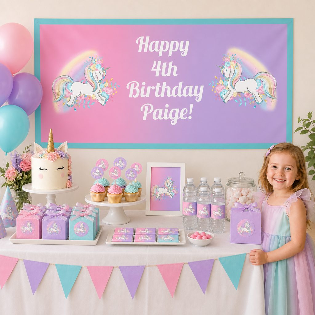 Magical unicorn birthday party setup with a personalised banner and matching decorations