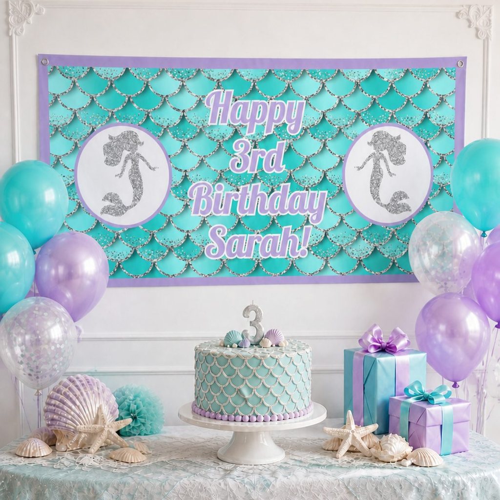 Personalised mermaid scales third birthday decorations with Sarah's aqua banner and matching cake
