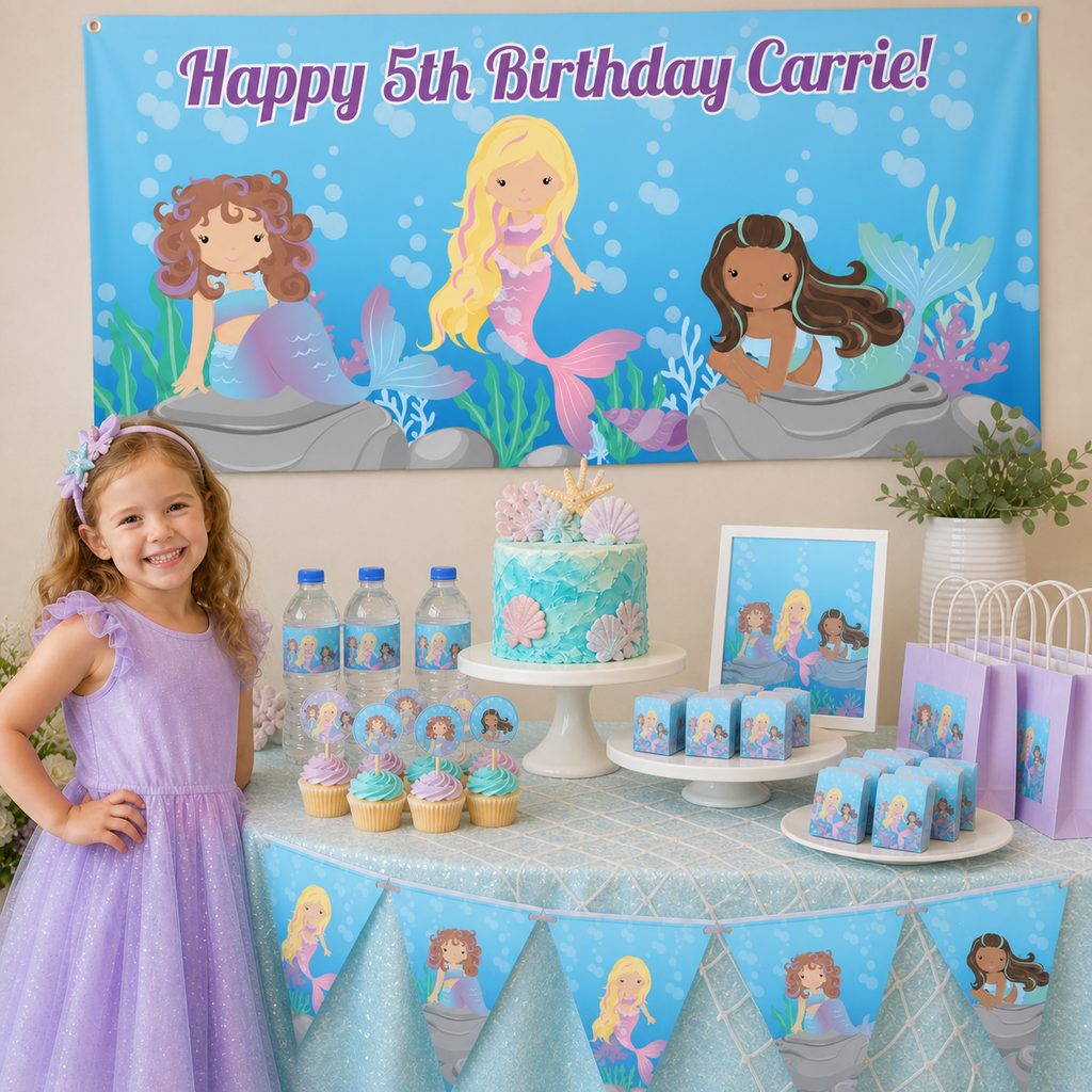 Mermaid birthday party setup with a personalised banner, cake and matching decorations