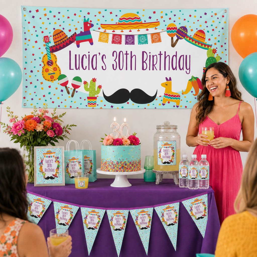 Custom Mexican fiesta birthday setup with a personalised aqua banner and coordinated decorations