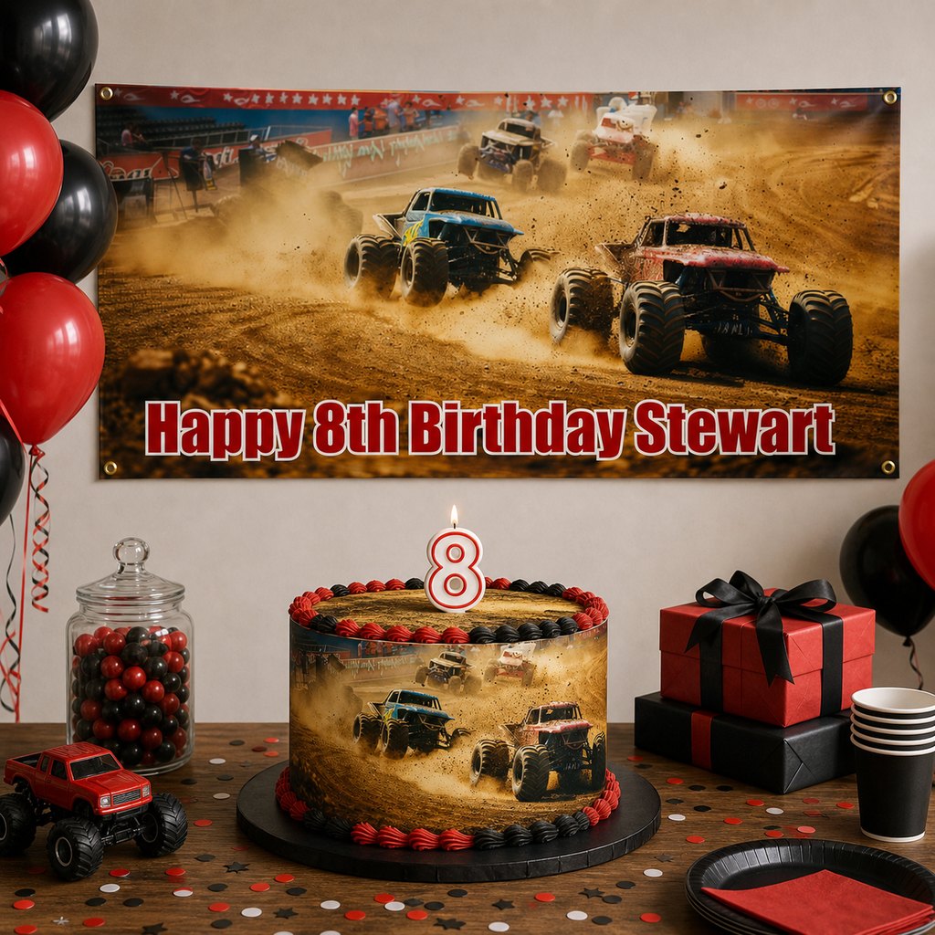Monster trucks birthday setup with Stewart's personalised arena banner and matching cake