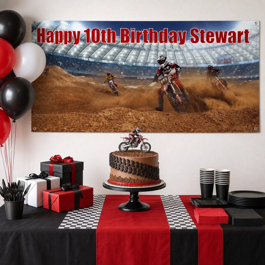 Motocross birthday party decorations with a personalised Happy 10th Birthday Stewart banner and cake