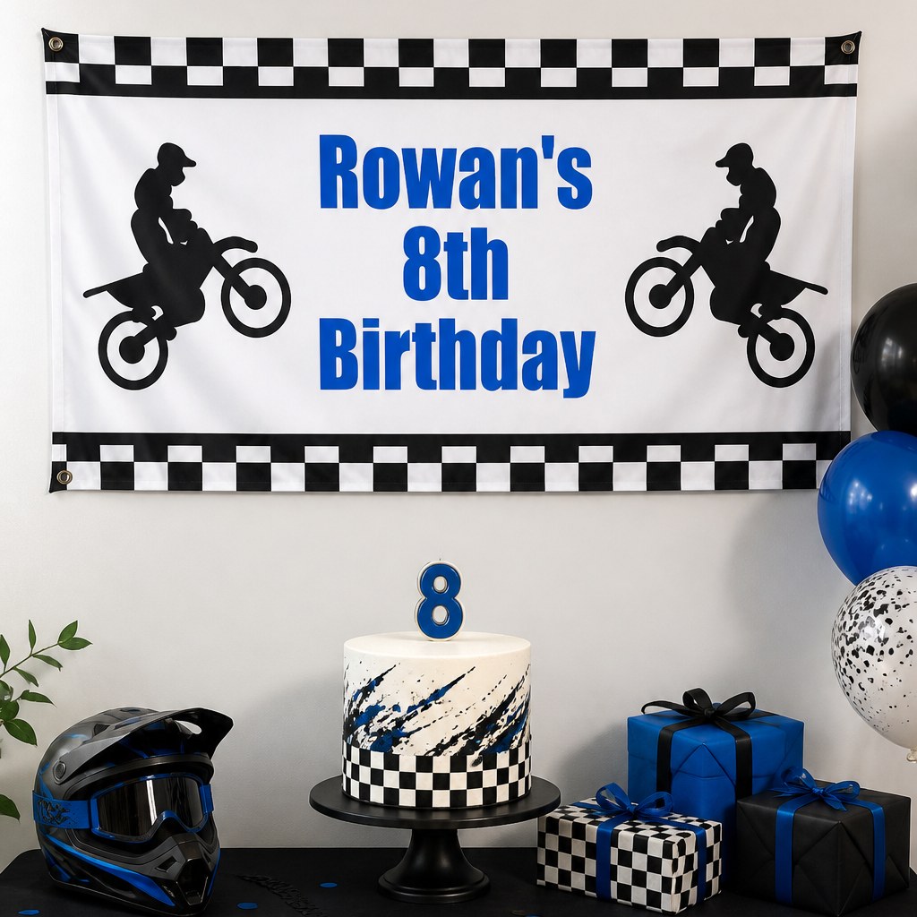 Custom motorbike eighth birthday setup with Rowan's personalised motocross banner and matching cake
