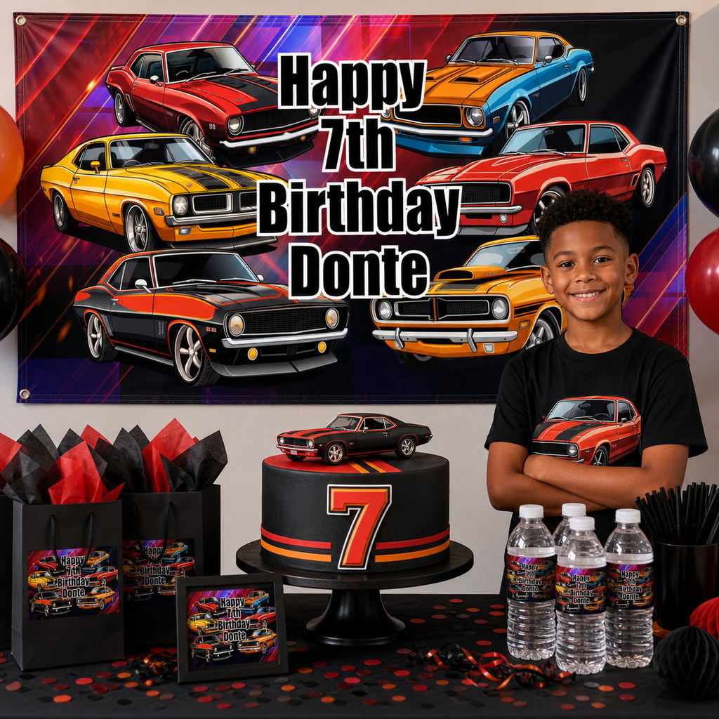 Personalised muscle car 7th birthday decorations with Donte's classic car banner and matching cake
