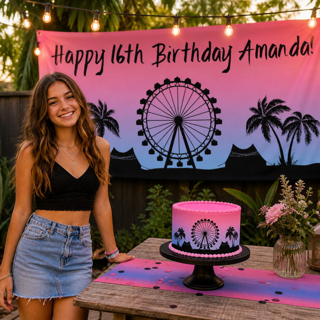 Personalised music festival 16th birthday decorations with Amanda's pink sunset banner and matching cake