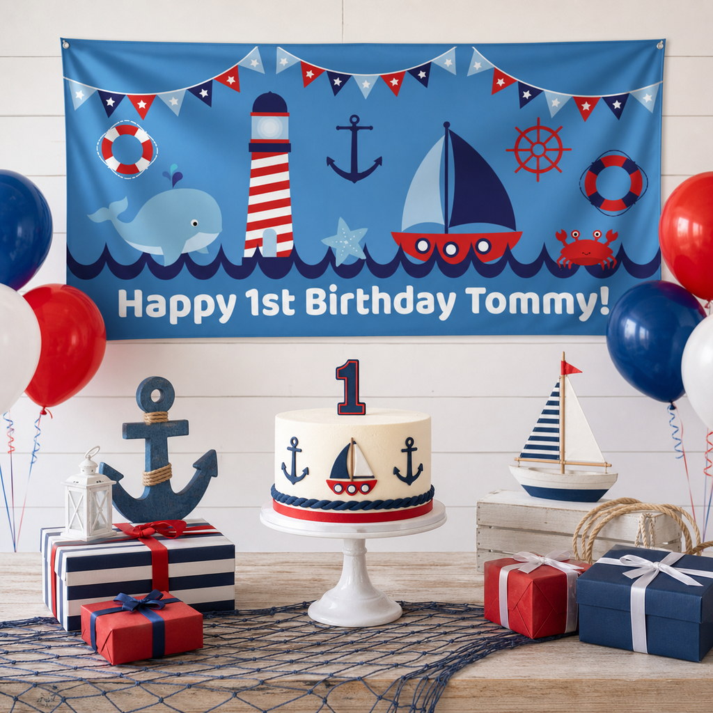 Personalised nautical first birthday decorations with Tommy's lighthouse banner and matching cake