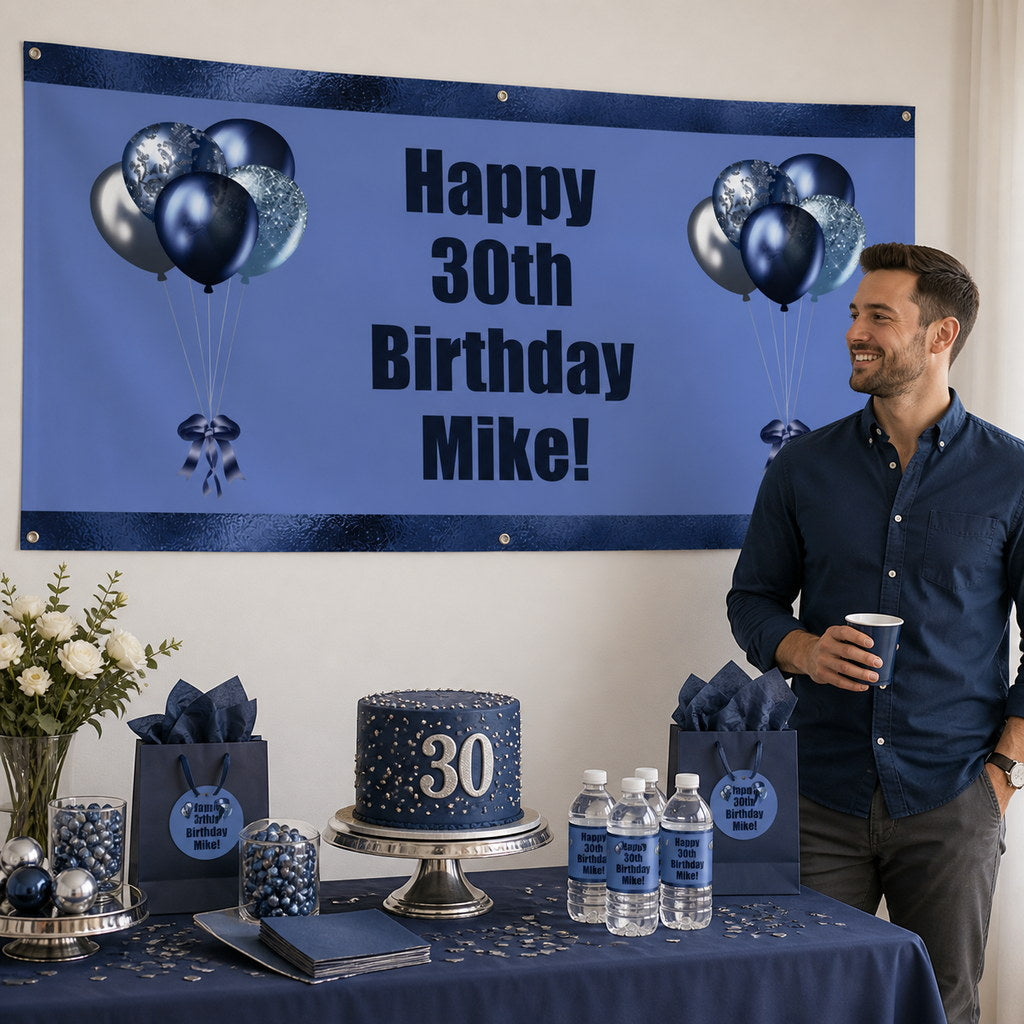 Personalised navy blue balloon 30th birthday decorations with Mike's banner and matching navy cake