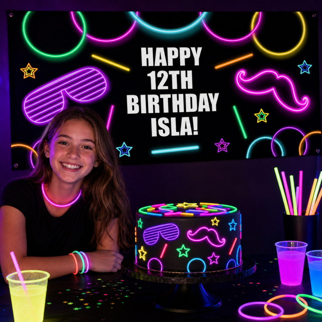 Personalised Neon Glow 12th birthday decorations with Isla's blacklight banner and matching cake