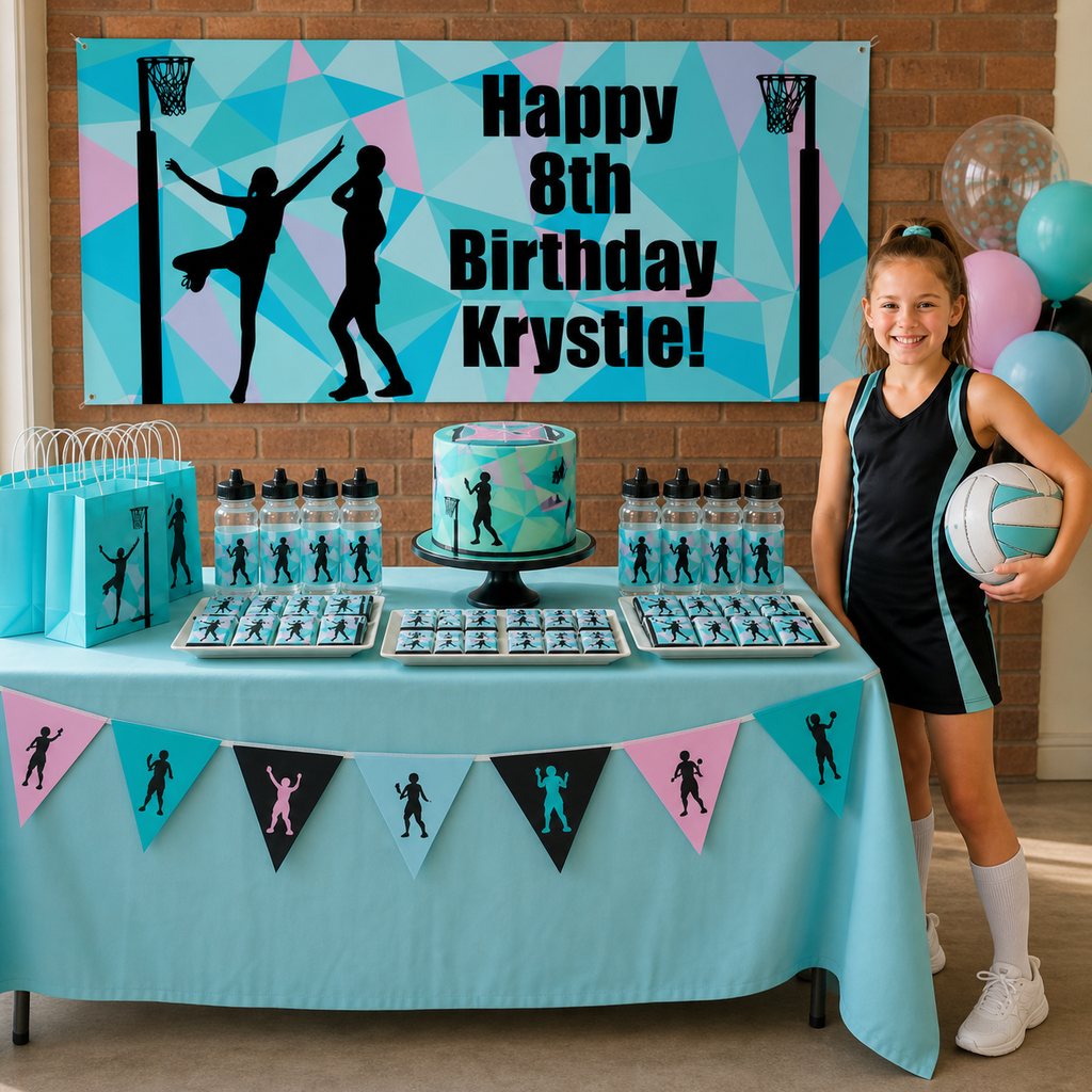 Custom netball birthday party setup with a personalised banner, matching cake and decorations