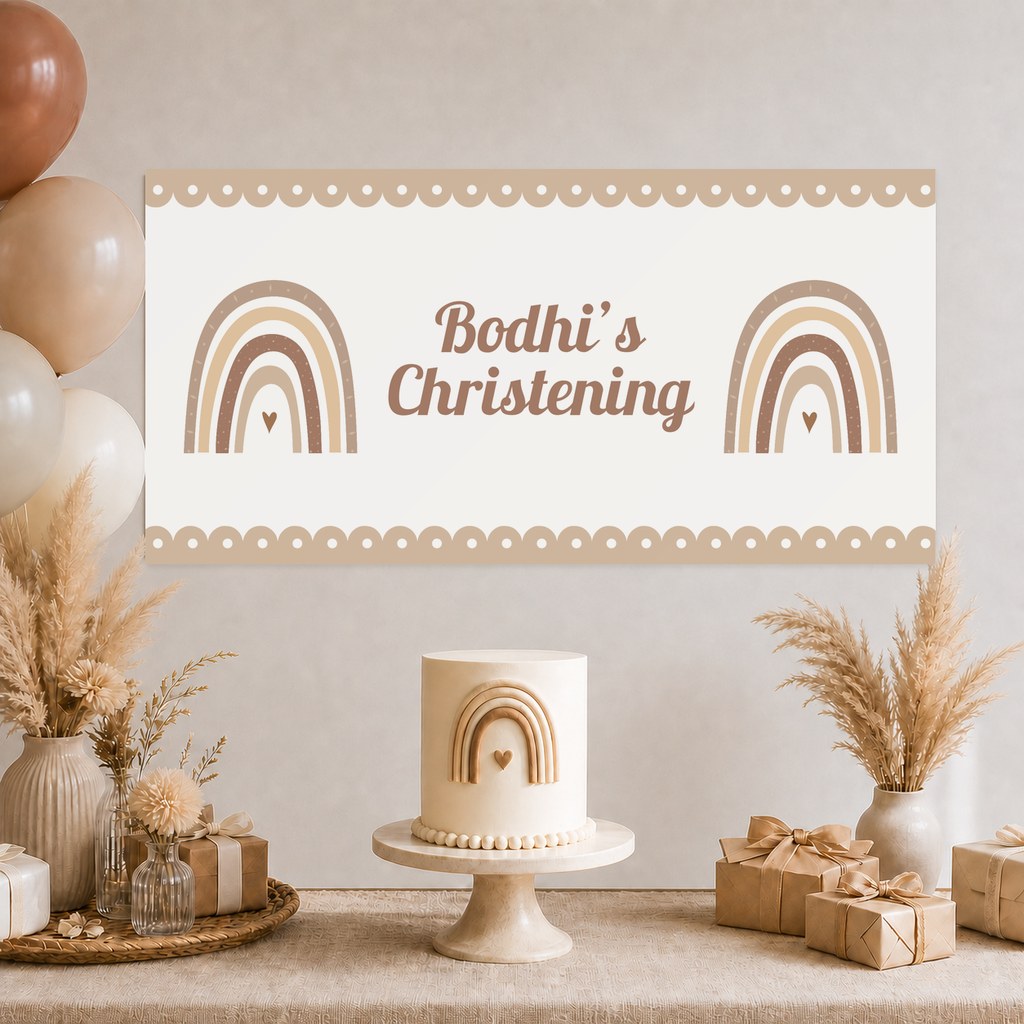 Neutral Boho Rainbow Christening Decorations with a personalised banner, coordinated cake, coordinated rainbow artwork, soft florals and matching table styling.