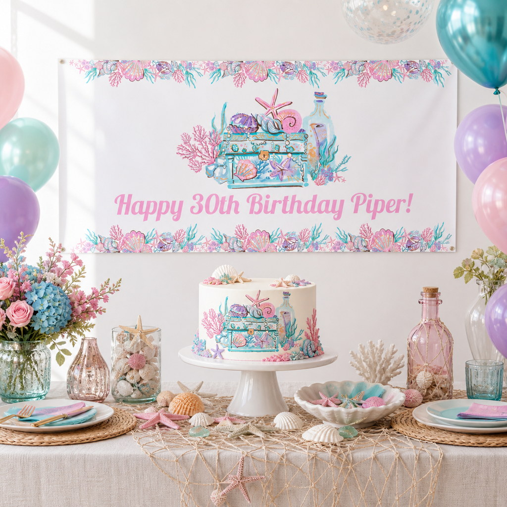 Personalised Ocean Treasure 30th birthday decorations with Piper's aqua and pink banner and matching cake