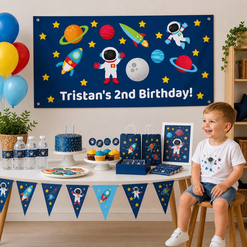 Outer space birthday party setup with a personalised banner, cake and matching decorations