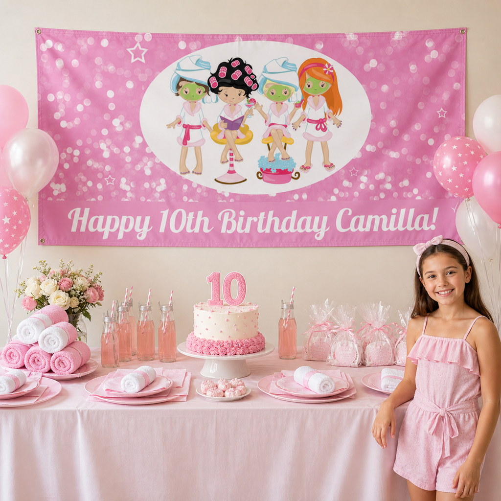 Personalised pamper party decorations with Camilla's pink 10th birthday banner and matching cake