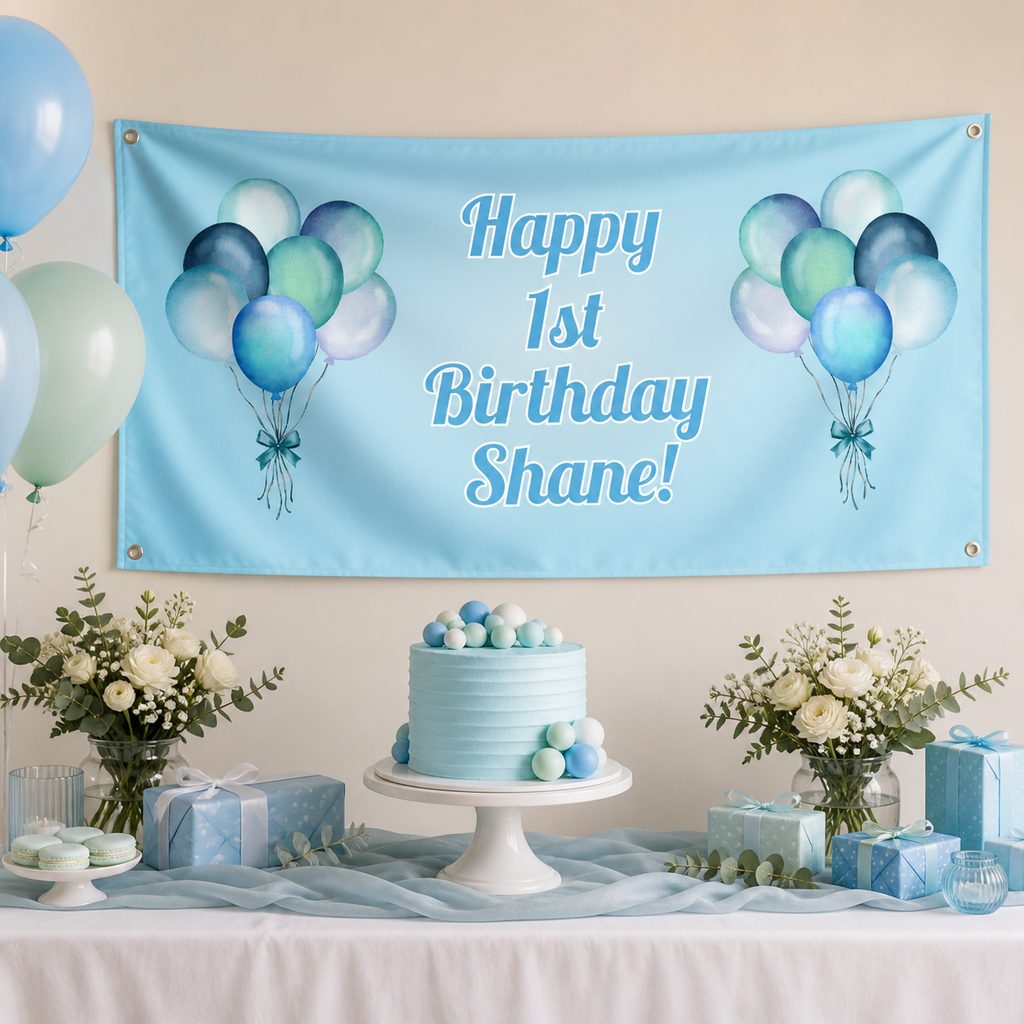 Pastel blue first birthday party setup with Shane's personalised balloon banner and matching cake