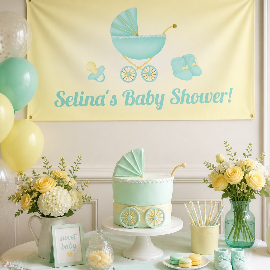 Pastel mint and lemon vintage pram baby shower setup with Selina's personalised banner and matching pram cake