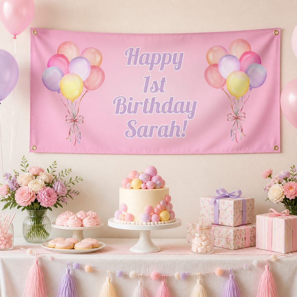 Pastel pink first birthday party setup with Sarah's personalised balloon banner and matching cake