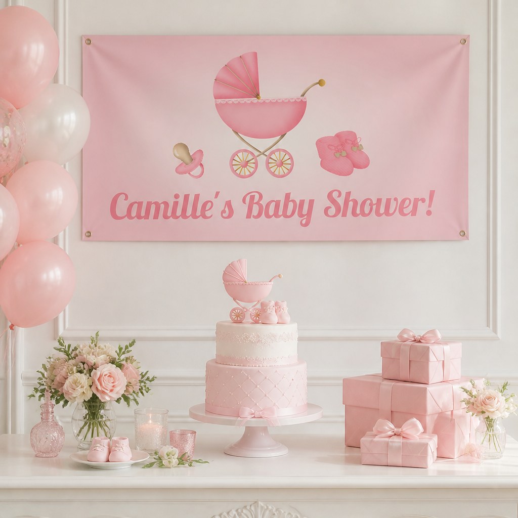Pastel pink vintage pram baby shower setup with Camille's personalised banner and matching cake