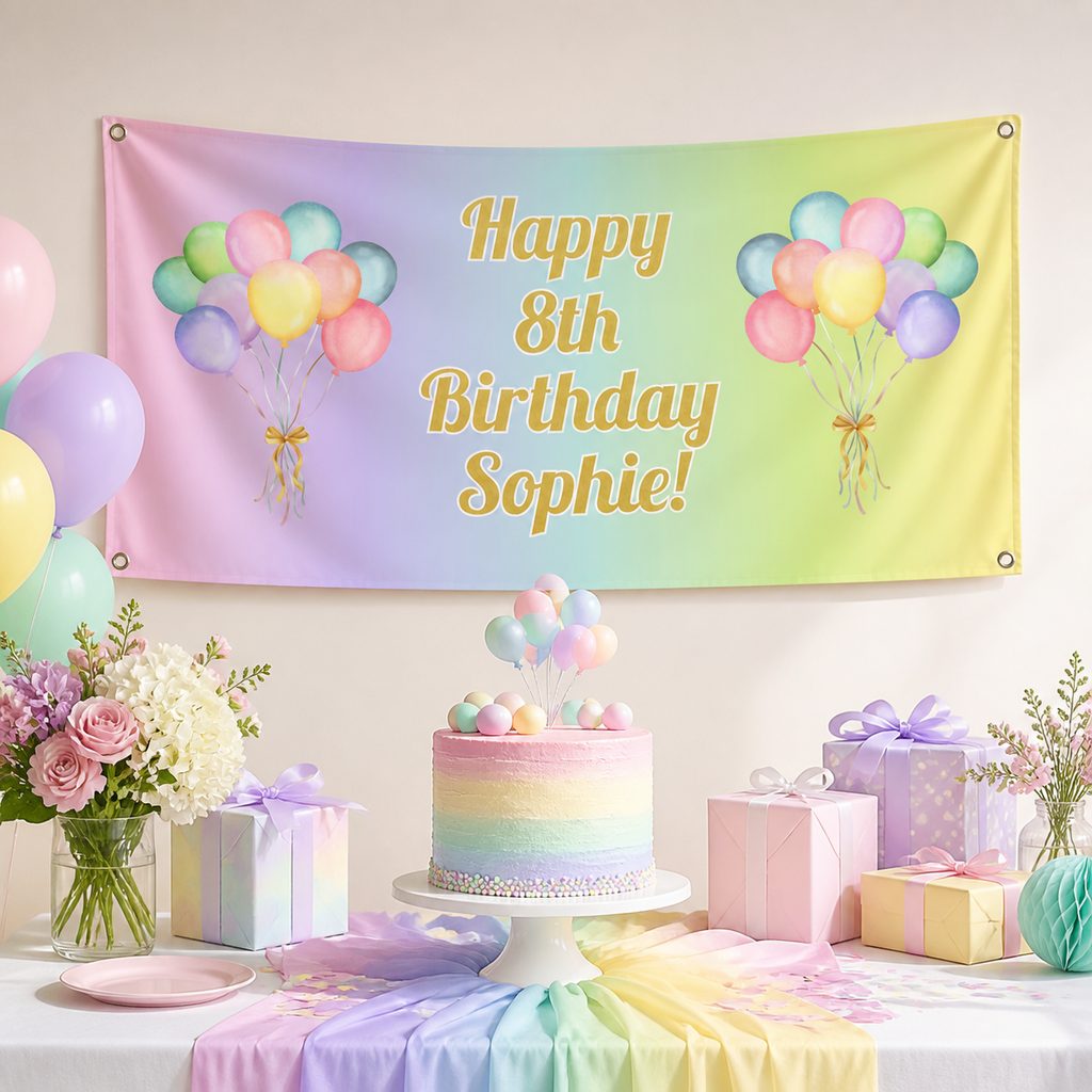 Pastel rainbow eighth birthday party setup with Sophie's personalised balloon banner and matching cake