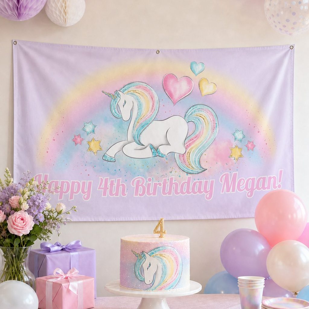 Personalised pastel rainbow unicorn fourth birthday decorations with Megan's custom banner and cake