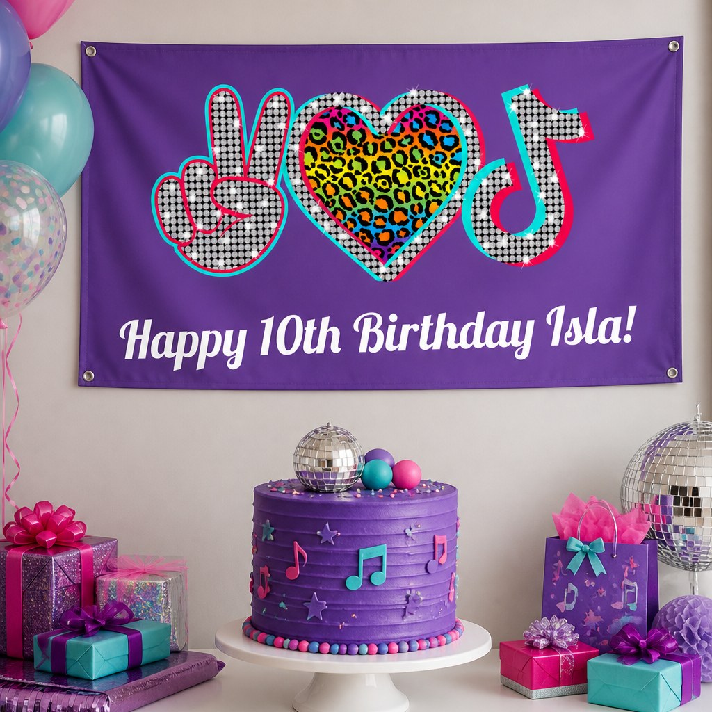 Peace, Love and Music tenth birthday setup with Isla's personalised purple banner and matching cake