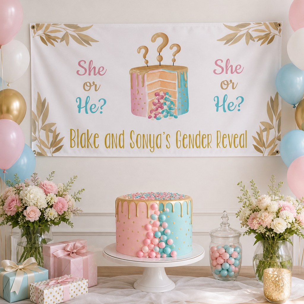Personalised pinata cake gender reveal setup with Blake and Sonya's custom pink and blue banner and matching cake