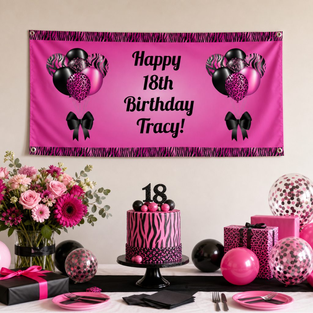 Pink and black 18th birthday party setup with Tracy's personalised balloon banner and matching cake