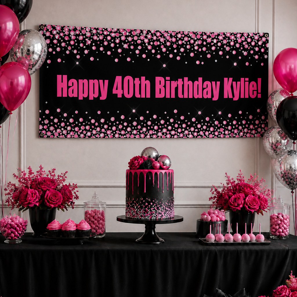 Pink and black confetti 40th birthday setup with Kylie's personalised banner and matching cake