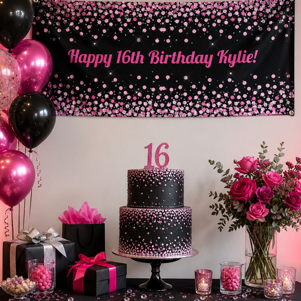Pink and black confetti 16th birthday setup with Kylie's personalised banner and matching cake