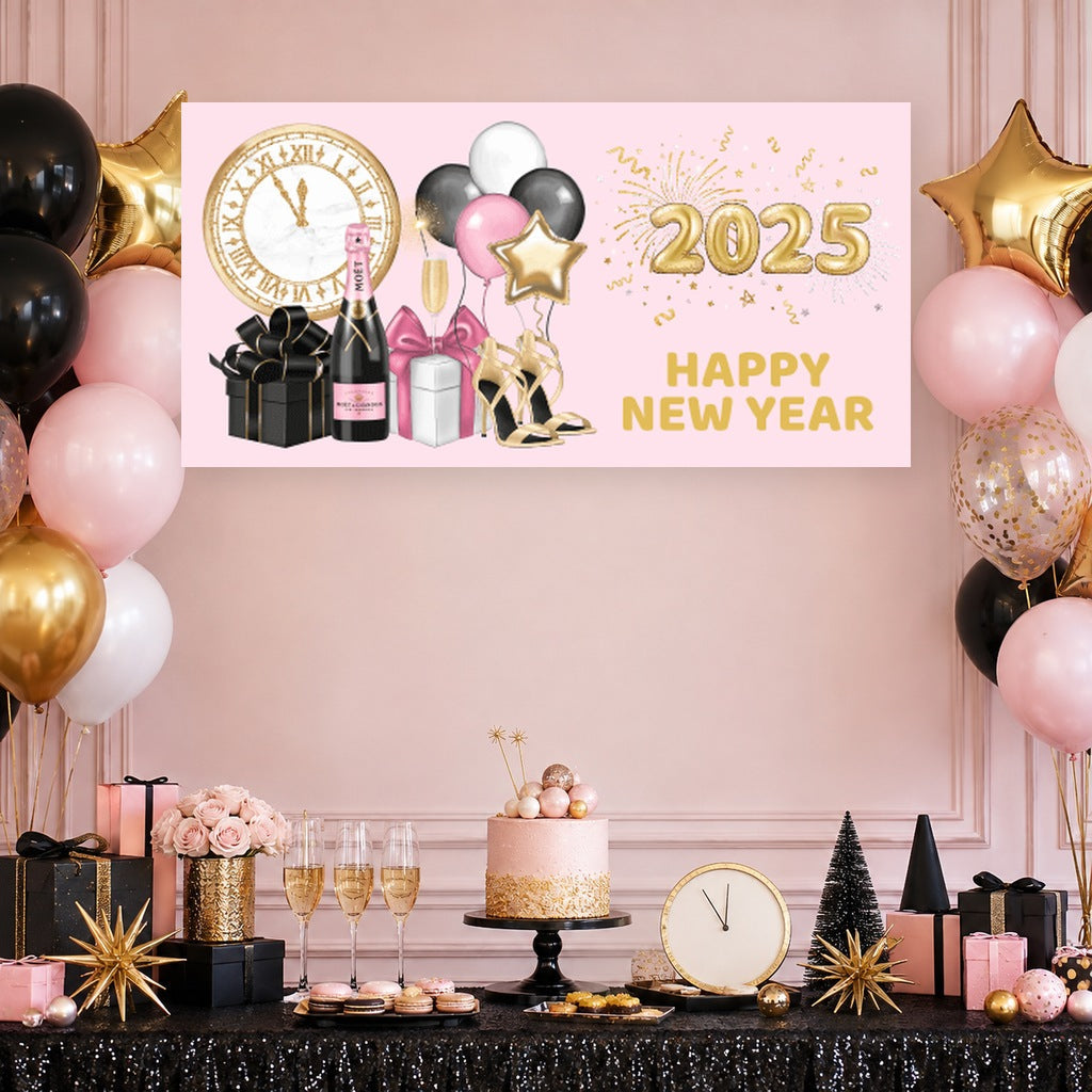 Pink, black and gold New Year dessert table with a Happy New Year 2025 banner, pink cake, balloons, gold clocks and matching decorations.