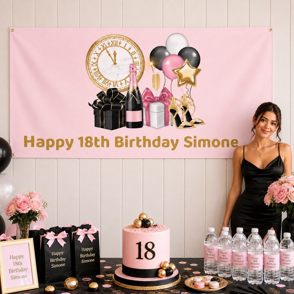 Personalised pink, black and gold 18th birthday decorations with Simone's banner and matching cake