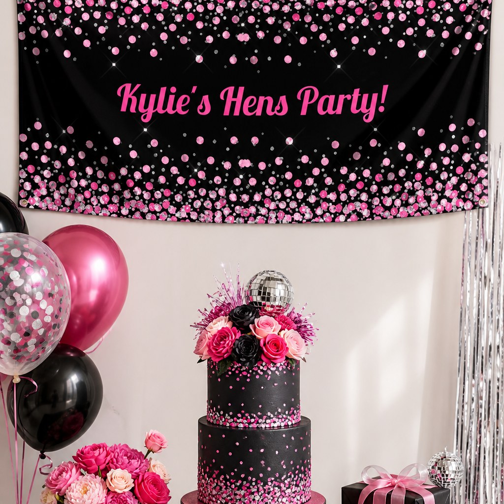 Pink black and silver confetti hens party setup with Kylie's personalised banner and matching cake