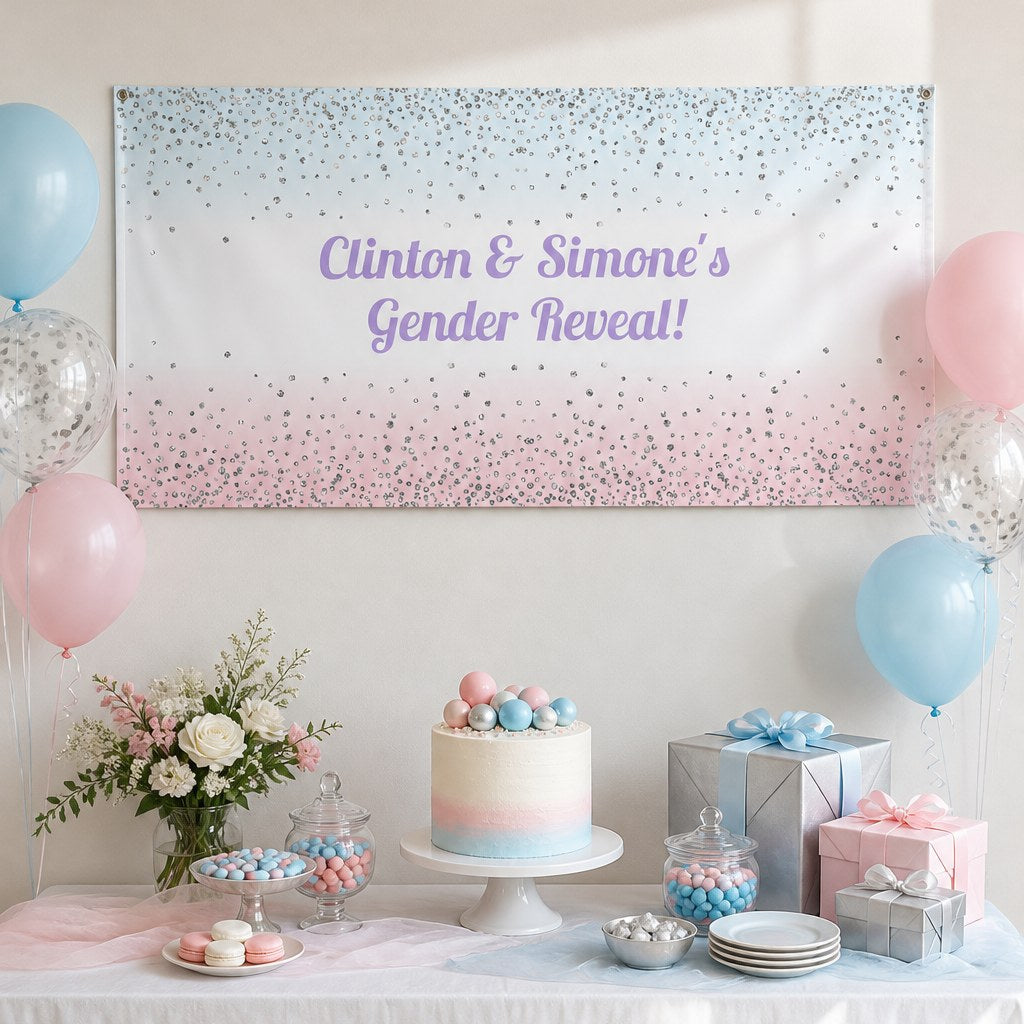 Personalised pink and blue confetti gender reveal setup with Clinton and Simone's custom banner and matching cake
