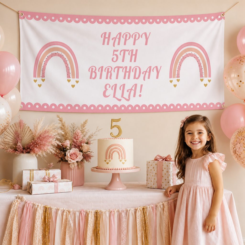 Personalised pink boho rainbow birthday decorations with Ella's 5th banner matching cake and balloons
