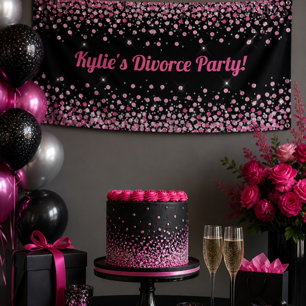 Pink black and silver confetti divorce party setup with Kylie's personalised banner and matching cake