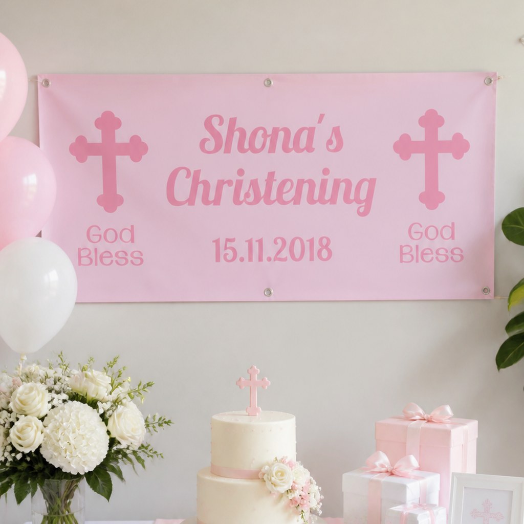 Personalised pink cross christening setup with a custom fabric banner, floral cake and pink decorations