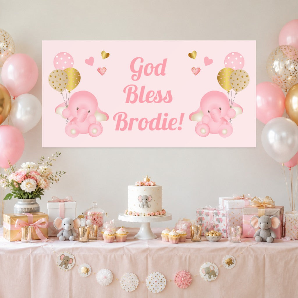 Pink and gold baby elephant christening dessert table with Brodie's original personalised banner, cake, balloons and matching gifts.