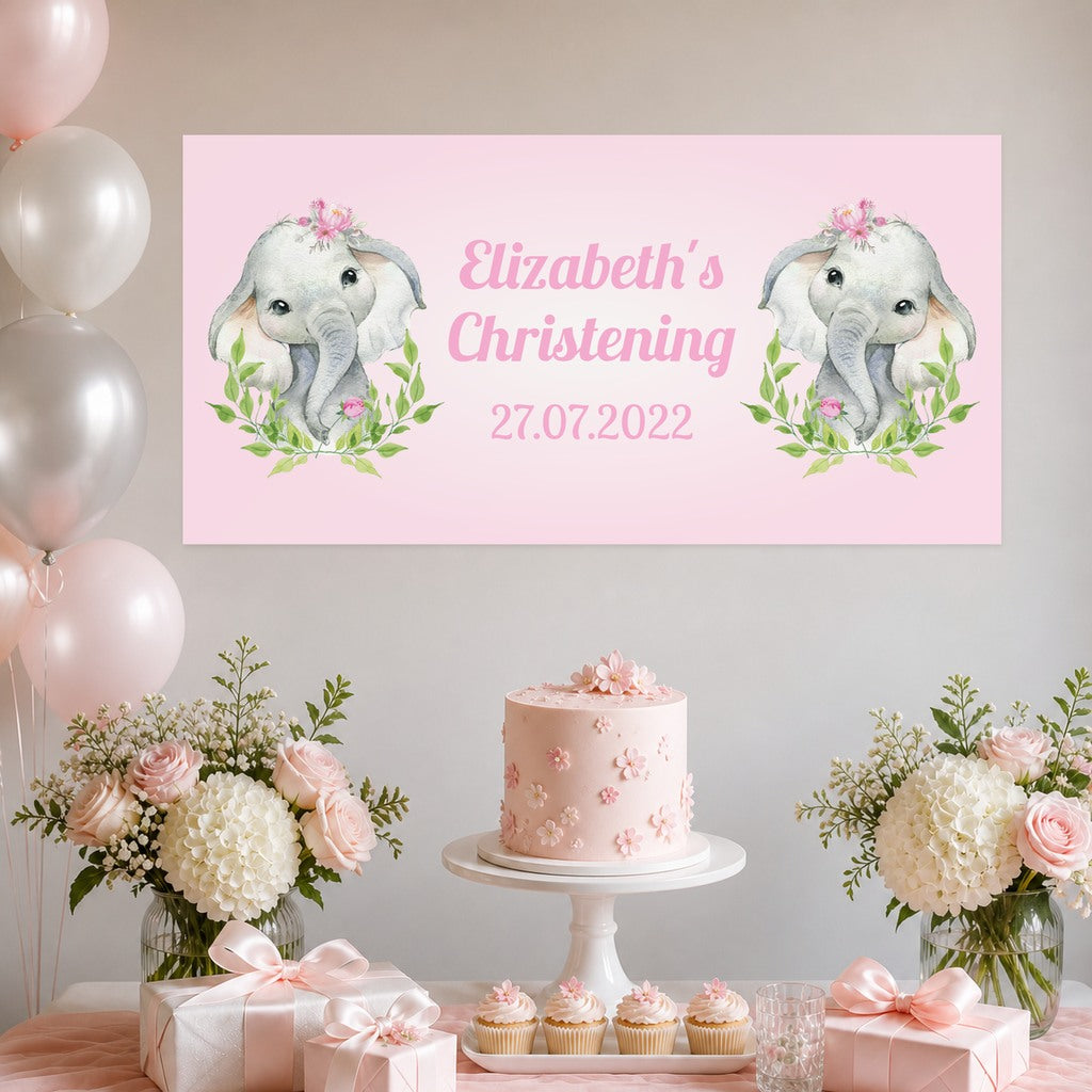 Pink Floral Elephant christening decorations with Elizabeth's original personalised banner, a pink floral cake, cupcakes, pink and white balloons, roses and hydrangeas.