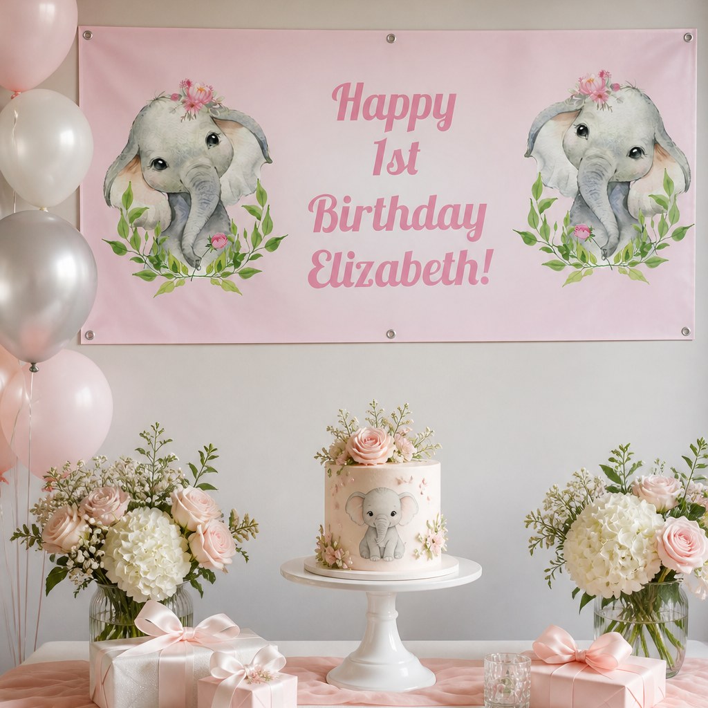 Pink floral elephant first birthday setup with Elizabeth's personalised banner and matching cake