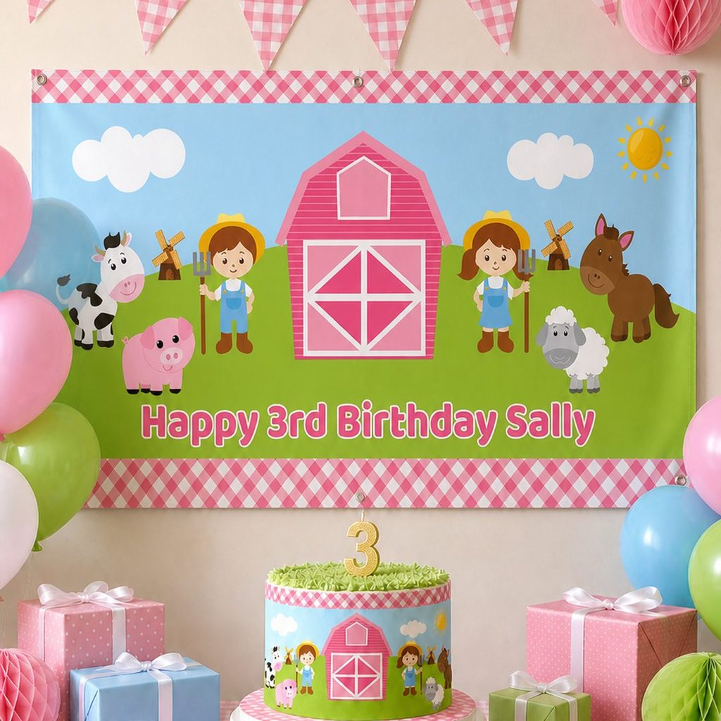 Personalised pink gingham barnyard third birthday decorations with Sally's custom banner and cake